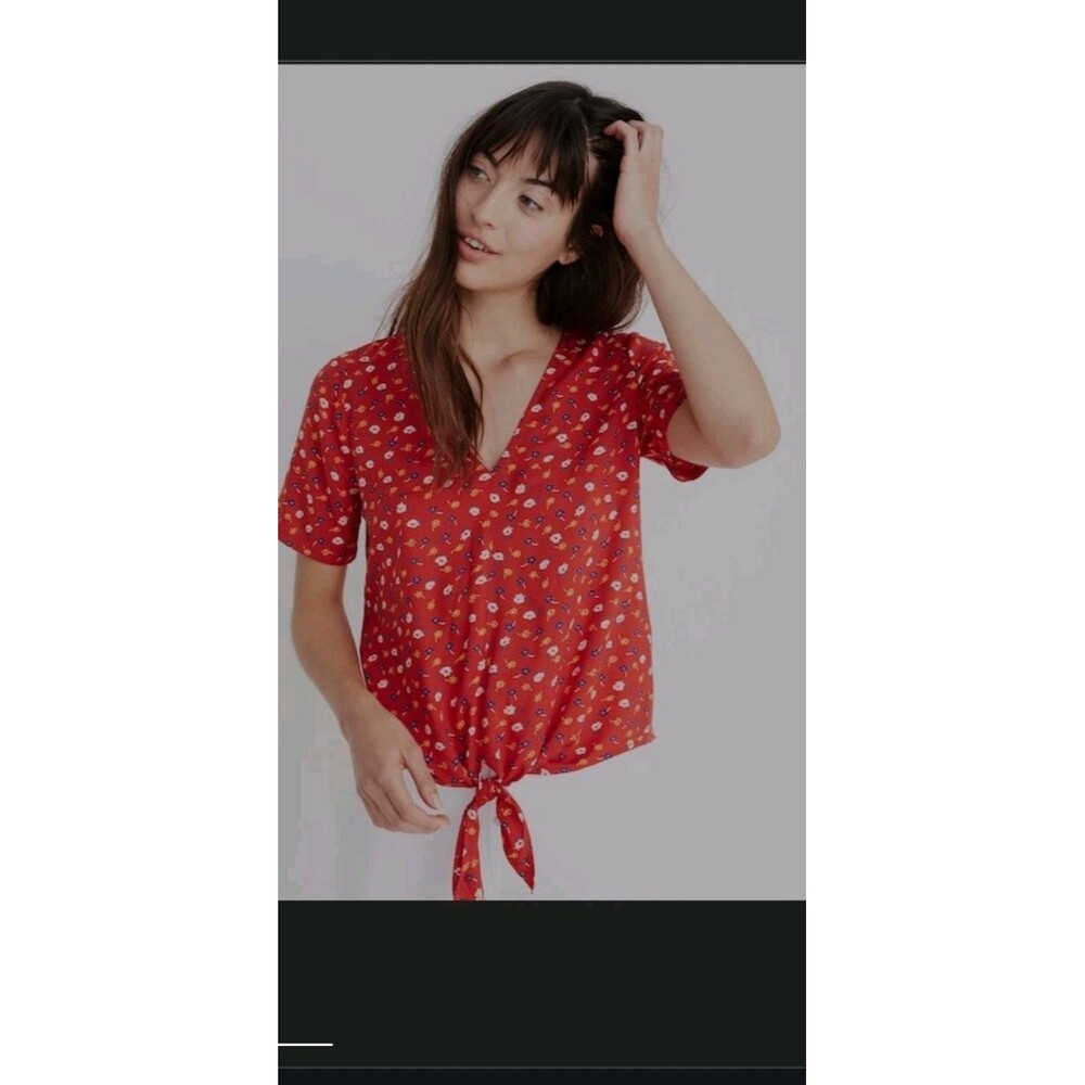 Madewell Novel Tie-Front Top in Prairie Posies Red Short Sleeve V-Neck Size Larg
